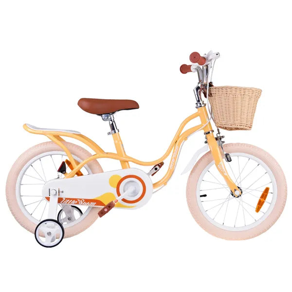 Retro 16" lány gyermekkerékpár kosárral, oldalkerekekkel, sárga