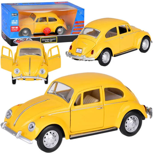 Volkswagen Bogár 1967 fém modell 1:36, sárga, hang-fény, lendkerekes