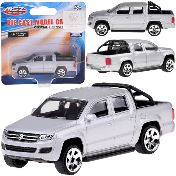 Volkswagen Amarok fém játékautó, 1:64 méretarány, ezüst, 7,5 cm