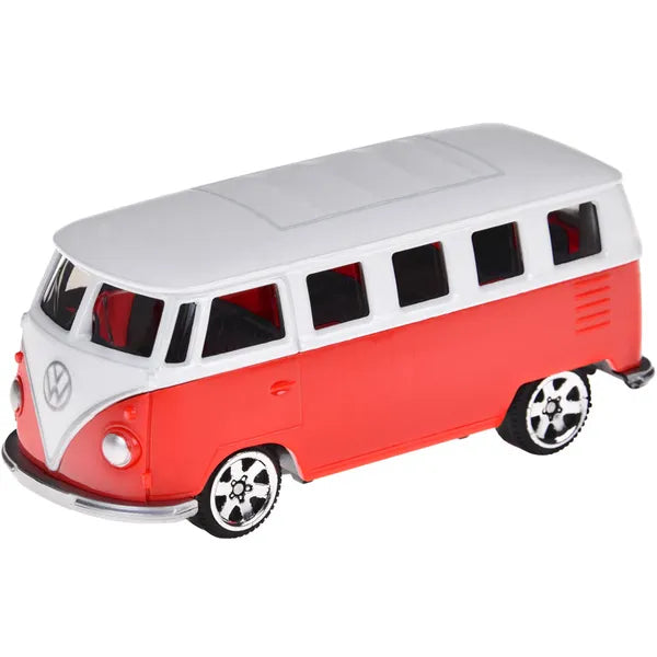 Volkswagen T1 fém visszahúzós kisautó, 1:56 méretarány, piros/fehér