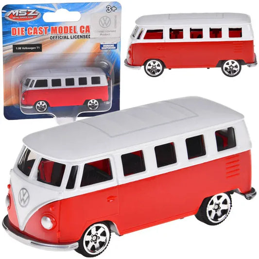 Volkswagen T1 fém visszahúzós kisautó, 1:56 méretarány, piros/fehér