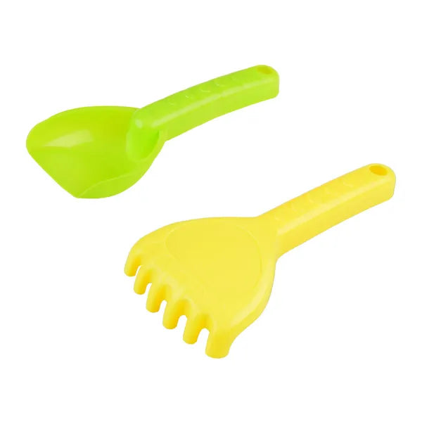 Homokozó játékszett: színes 14 cm vödör, lapát, gereblye, 3 forma
