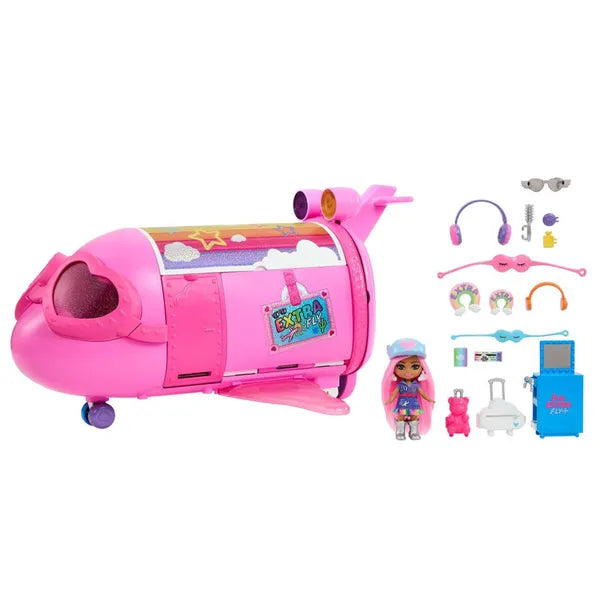 Barbie Extra Fly Minis rózsaszín repülőgép pilóta babával 38 cm kiegészítőkkel