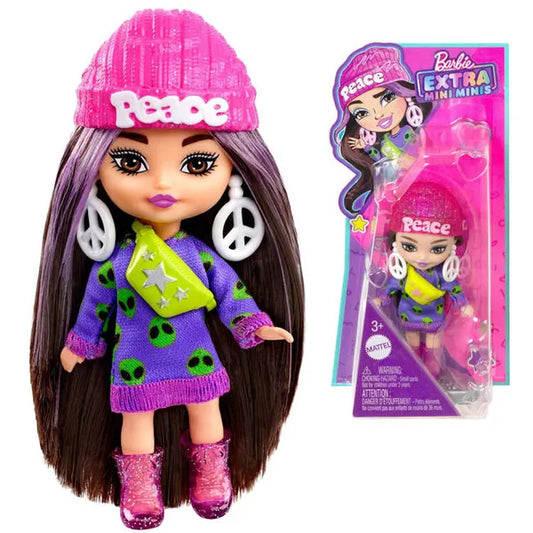 Barbie Extra Mini Minis divatbaba 8,5 cm – lila UFO tunika, kiegészítők