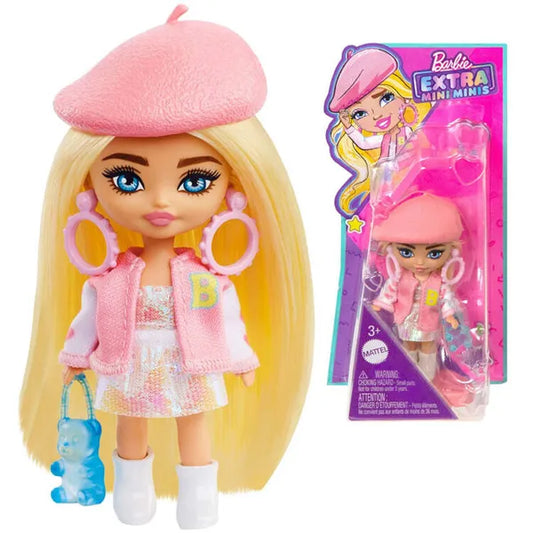 Barbie Extra Mini Minis divatbaba, 8,5 cm, rózsaszín beret, kiegészítőkkel