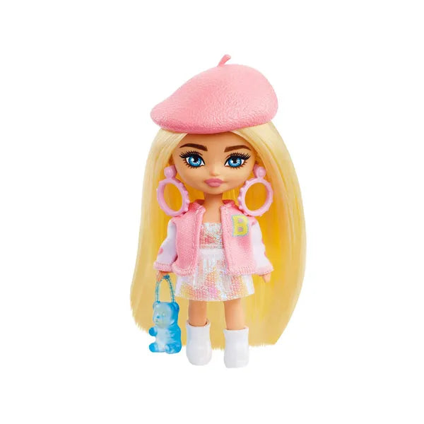 Barbie Extra Mini Minis divatbaba, 8,5 cm, rózsaszín beret, kiegészítőkkel