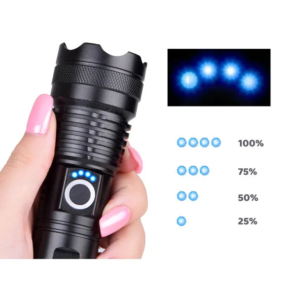 USB-ről tölthető vízálló LED zseblámpa, 800 m hatótáv, 5 üzemmód