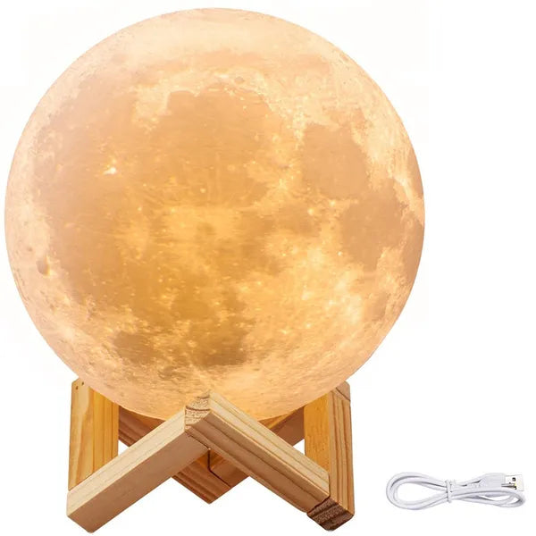 3D LED holdlámpa 8 cm, USB-tölthető, érintéses, fa talp