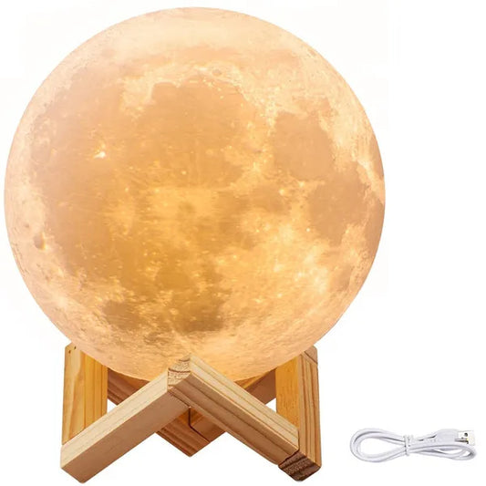 3D LED holdlámpa 8 cm, USB-tölthető, érintéses, fa talp
