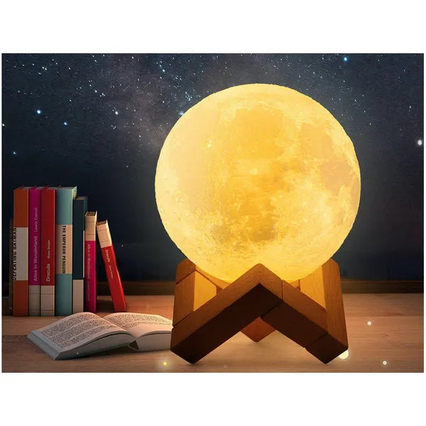 3D LED holdlámpa 8 cm, USB-tölthető, érintéses, fa talp