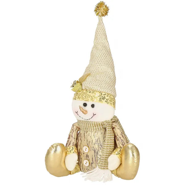Arany flitteres karácsonyi hóember figura, textil, 38 cm
