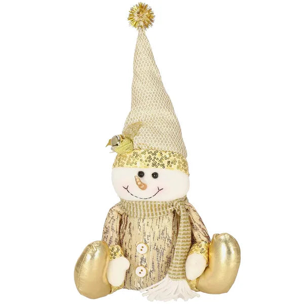 Arany flitteres karácsonyi hóember figura, textil, 38 cm