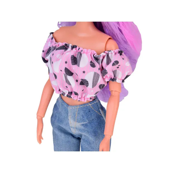Anlily divatbaba hosszú pasztell hajjal, farmerben, 32 cm