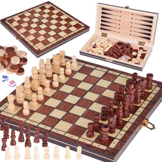 3 az 1-ben fa sakk–dáma–backgammon készlet, kétoldalas 24×24 cm