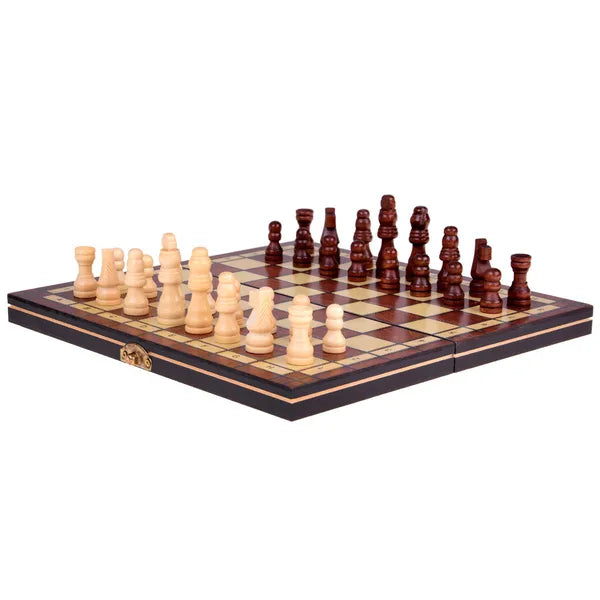 3 az 1-ben fa sakk–dáma–backgammon készlet, kétoldalas 24×24 cm