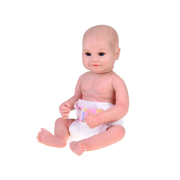 50 cm-es élethű baba rózsaszín fodros rugdalózóban cumisüveggel, pelenkával
