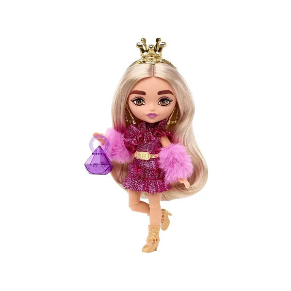 Barbie Extra Minis mini baba 15 cm rózsaszín parti ruhában, kiegészítőkkel