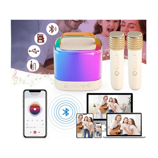 Hordozható Bluetooth karaoke hangszóró RGB fényekkel, 2 mikrofonnal