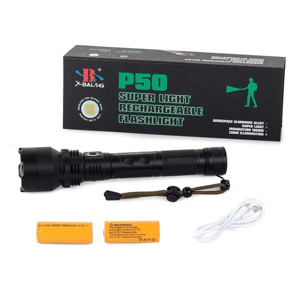 Bailong taktikai zseblámpa XHP50 LED, 1000 m zoom, USB, 2×26650