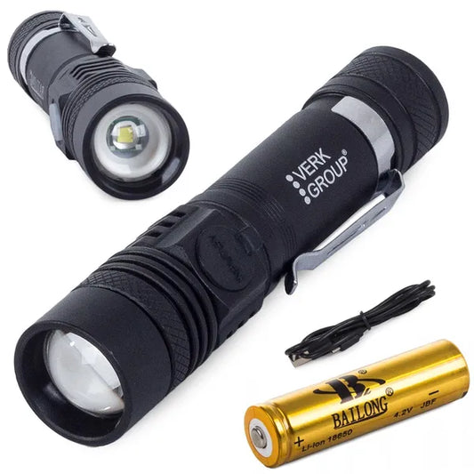 Taktikai CREE XM-L T6 LED zseblámpa zoom funkcióval, 400 m, USB-s akku