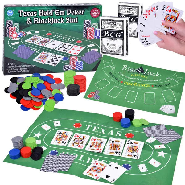 2 az 1-ben póker és blackjack készlet 100 zsetonnal, 2 pakli kártyával