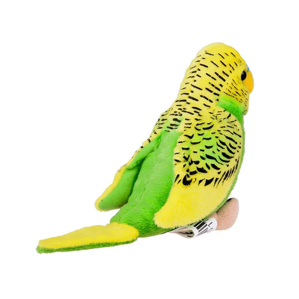 Zöld-sárga hullámos papagáj plüssfigura, 13 cm, élethű