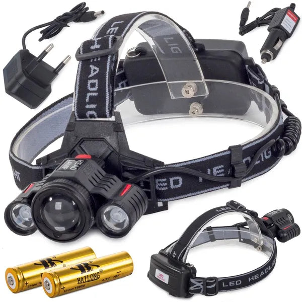 Led fejlámpa Cree XM-L T6 + 2 XP-E, 400 m zoom, IPX4, 2×18650 akku