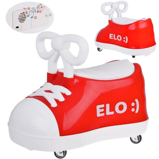 Piros sneaker formájú bébitaxi zenélő, 12 hó+, 20 kg teherbírás