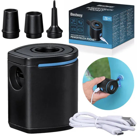 USB-s mini elektromos levegőpumpa 90 l/perc áramlással, 3 adapterrel, 68 g