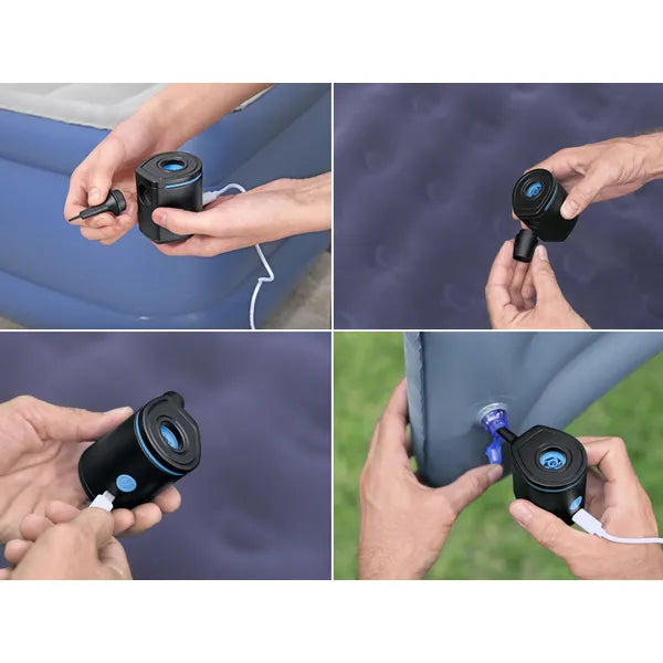 USB-s mini elektromos levegőpumpa 90 l/perc áramlással, 3 adapterrel, 68 g