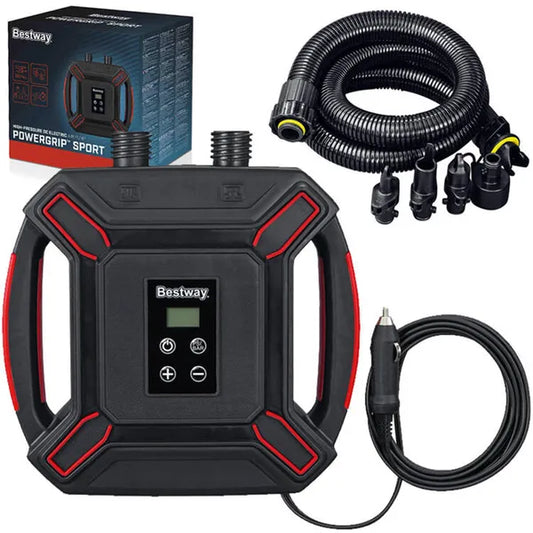 Bestway 12V nagy nyomású elektromos autós légszivattyú, LCD, 0-16 PSI, 4 fúvóka