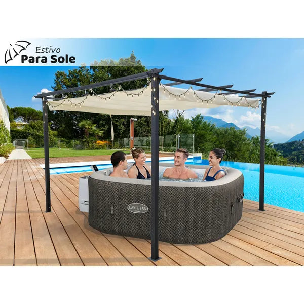 Acél kerti pergola 3x3x2,4 m, vízálló, behúzható tető, antracit-bézs