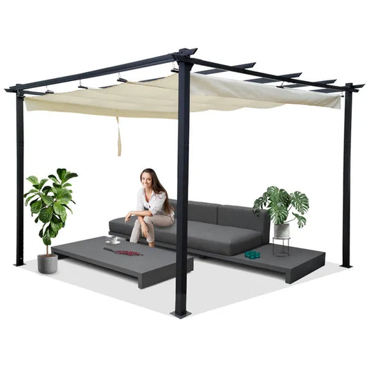 Acél kerti pergola 3x3x2,4 m, vízálló, behúzható tető, antracit-bézs
