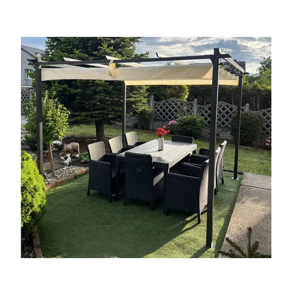 Acél kerti pergola 3x3x2,4 m, vízálló, behúzható tető, antracit-bézs
