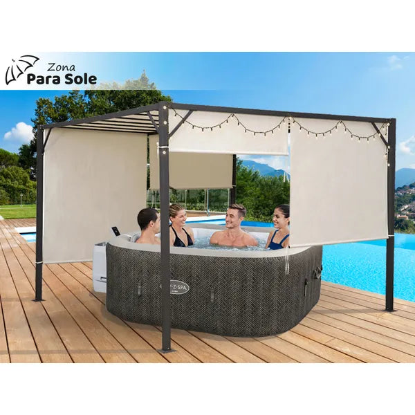Acél pergola 3×3 m rolós beige oldalfalakkal, vízálló, behúzható tető