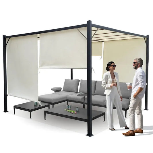 Acél pergola 3×3 m rolós beige oldalfalakkal, vízálló, behúzható tető