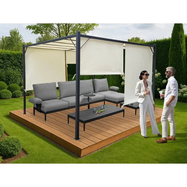 Acél pergola 3×3 m rolós beige oldalfalakkal, vízálló, behúzható tető