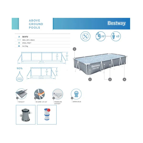 Bestway Steel Pro acélvázas medence szett 366×201×66 cm, 4000 l, pumpával