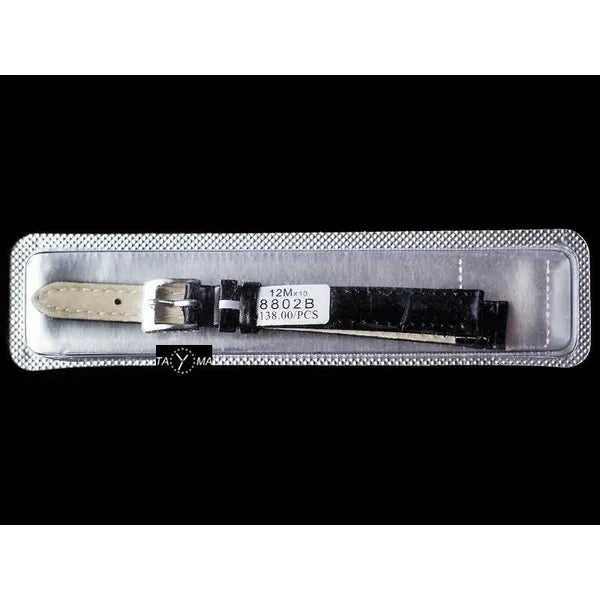 Bőr óraszíj fekete varrással, ezüst csat, 12 mm, díszdobozban