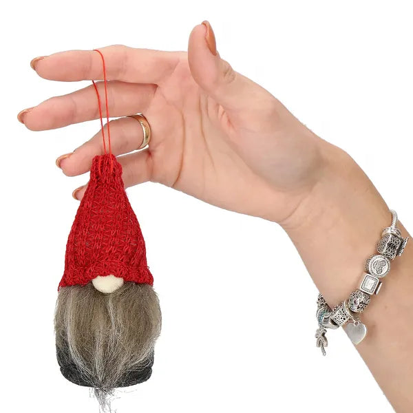 Karácsonyi textil manó dísz szürke-piros, 10 cm