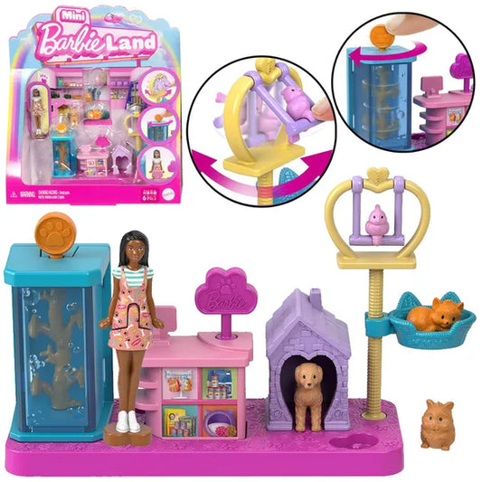 Mattel Mini Barbie Land állatorvosi játékszett baba + 4 kisállat, hordozható