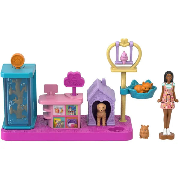 Mattel Mini Barbie Land állatorvosi játékszett baba + 4 kisállat, hordozható