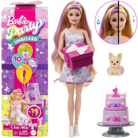 Barbie Party Unboxed születésnapi készlet baba + csivava, 10 meglepetés