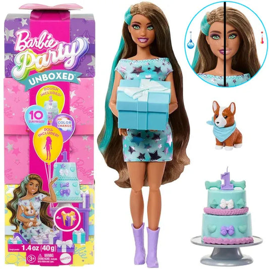 Barbie Party Unboxed szülinapi készlet corgival, 10 meglepetéssel