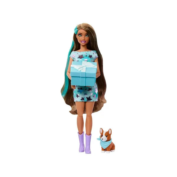 Barbie Party Unboxed szülinapi készlet corgival, 10 meglepetéssel