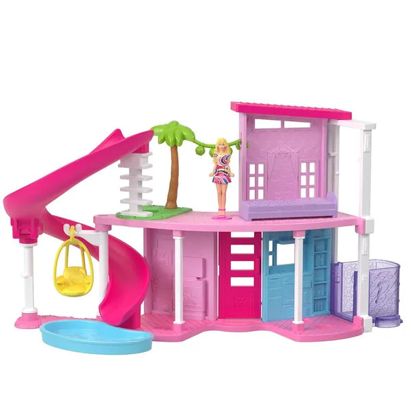 Mini Barbie babaház lifttel és meglepetés babával, kisállattal, 11 cm