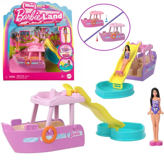 Mini BarbieLand jacht csúszdával és színváltós medencével, 3,5 cm baba
