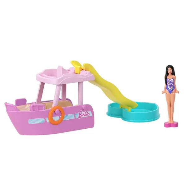 Mini BarbieLand jacht csúszdával és színváltós medencével, 3,5 cm baba