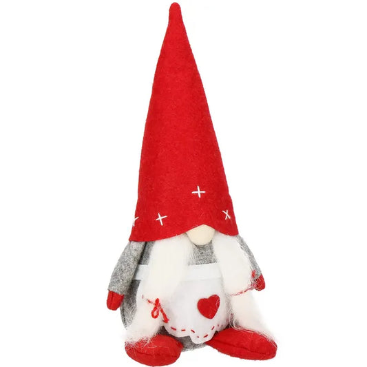 Karácsonyi álló törpelány filcdekor, 27 cm, szürke-piros