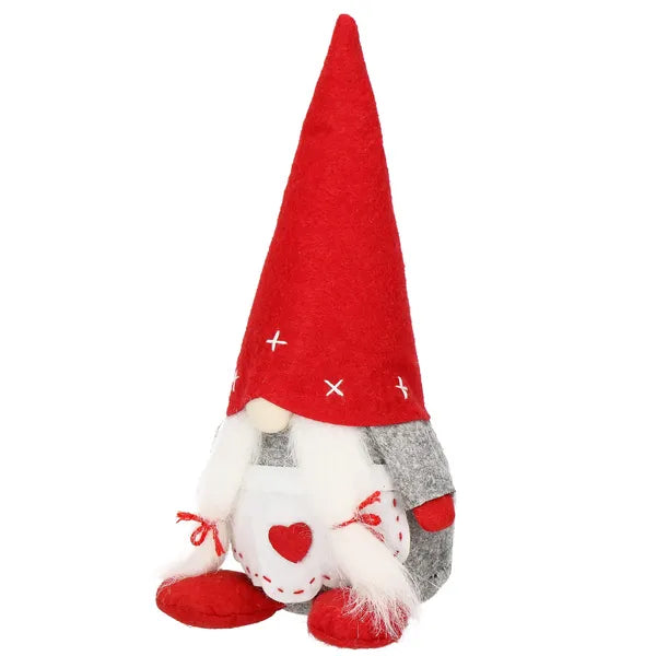 Karácsonyi álló törpelány filcdekor, 27 cm, szürke-piros